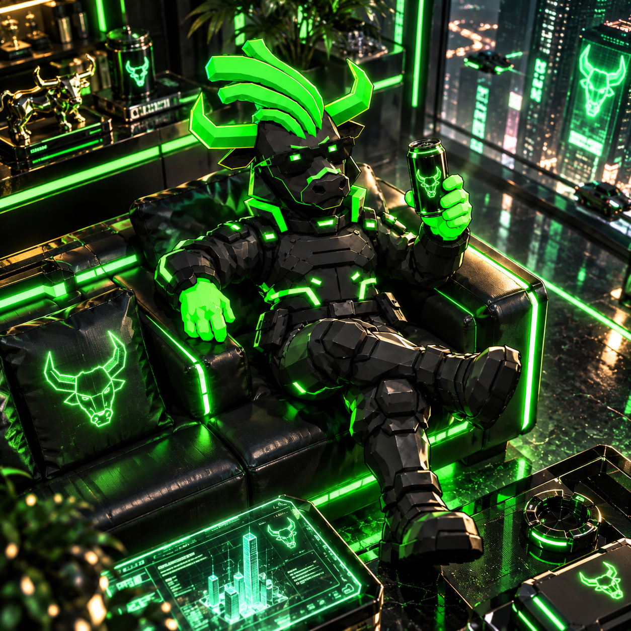 CYBER ANSEM relaxing on a neon-green sofa with a drink above the city
