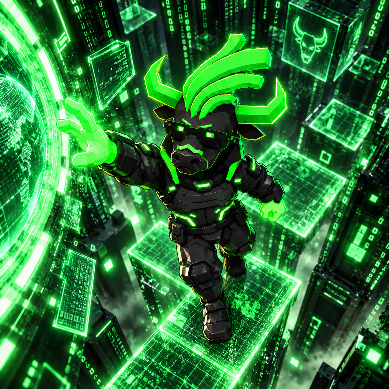 CYBER ANSEM leaping through a glowing green digital world toward a portal